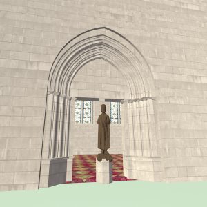 Exterior view of portal with photogrammetry of Childebert jamb sculpture