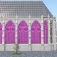 South exterior elevation with hypothetical tracery and windows in pink