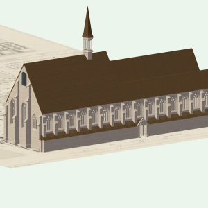 View of the exterior from the north as it may have been seen from the river Seine; this structure was first built for the Friars of the Sacks, then it was given to the Augustinians, at which time it was enlarged.